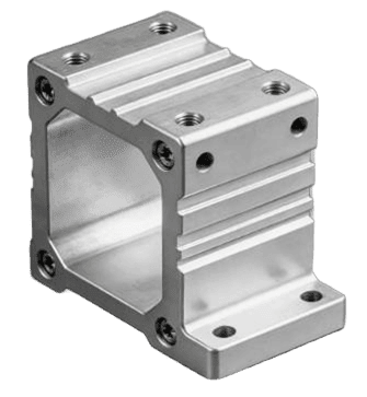  CNC machined aluminum housing block with threaded holes and heat sink fins.