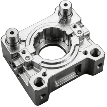 Complex 5-axis CNC machined aluminum mechanical base part with precision circular pockets.