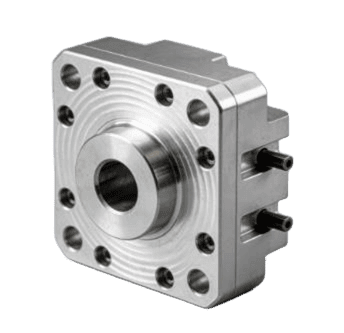 Precision machined aluminum flange component with multiple mounting holes and circular tool marks.