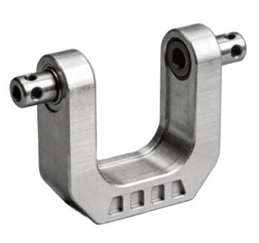 U-shaped CNC machined aluminum bracket with dual pivot pins for mechanical assembly.