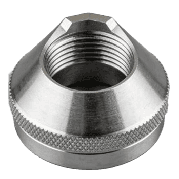 CNC turned aluminum conical component with internal threading and knurled grip surface.