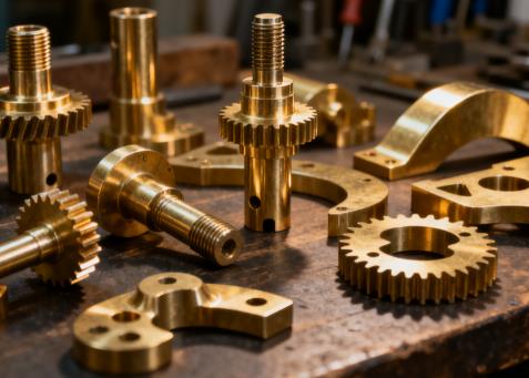 An array of finished, precision-machined brass parts laid out on a table, showcasing their complex geometries and gold-like luster.